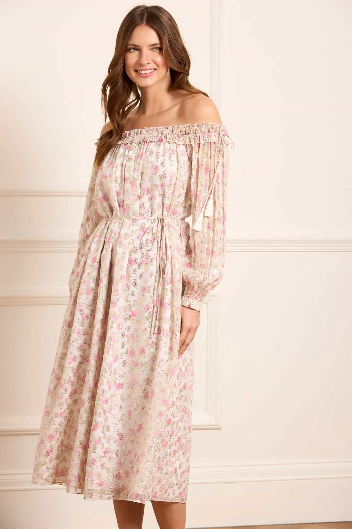 Rose Ditsy Lurex Midaxi Dress Floral-Pattern