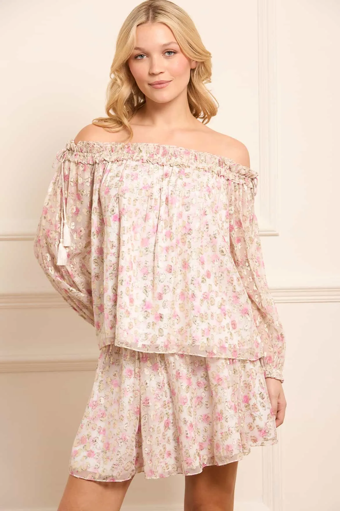 Tailored Silhouette Rose Ditsy Lurex Off-Shoulder Top