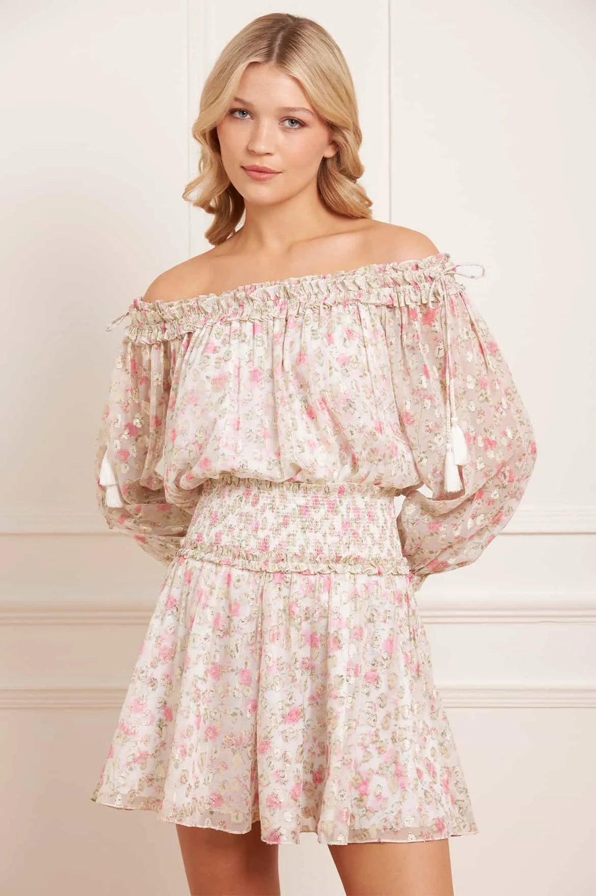 UltraSoft Lining LayeredCuff Rose Ditsy Lurex Off-Shoulder Top