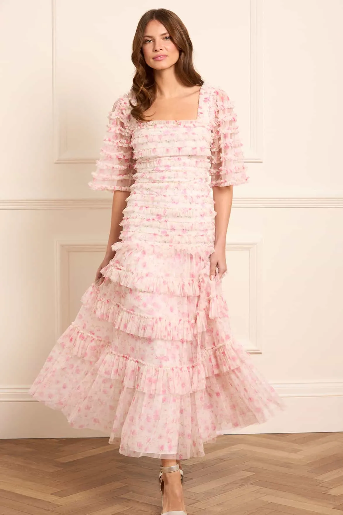 Rose Ditsy Short Sleeve Ankle Gown Gathered Skirt Soft and Smooth