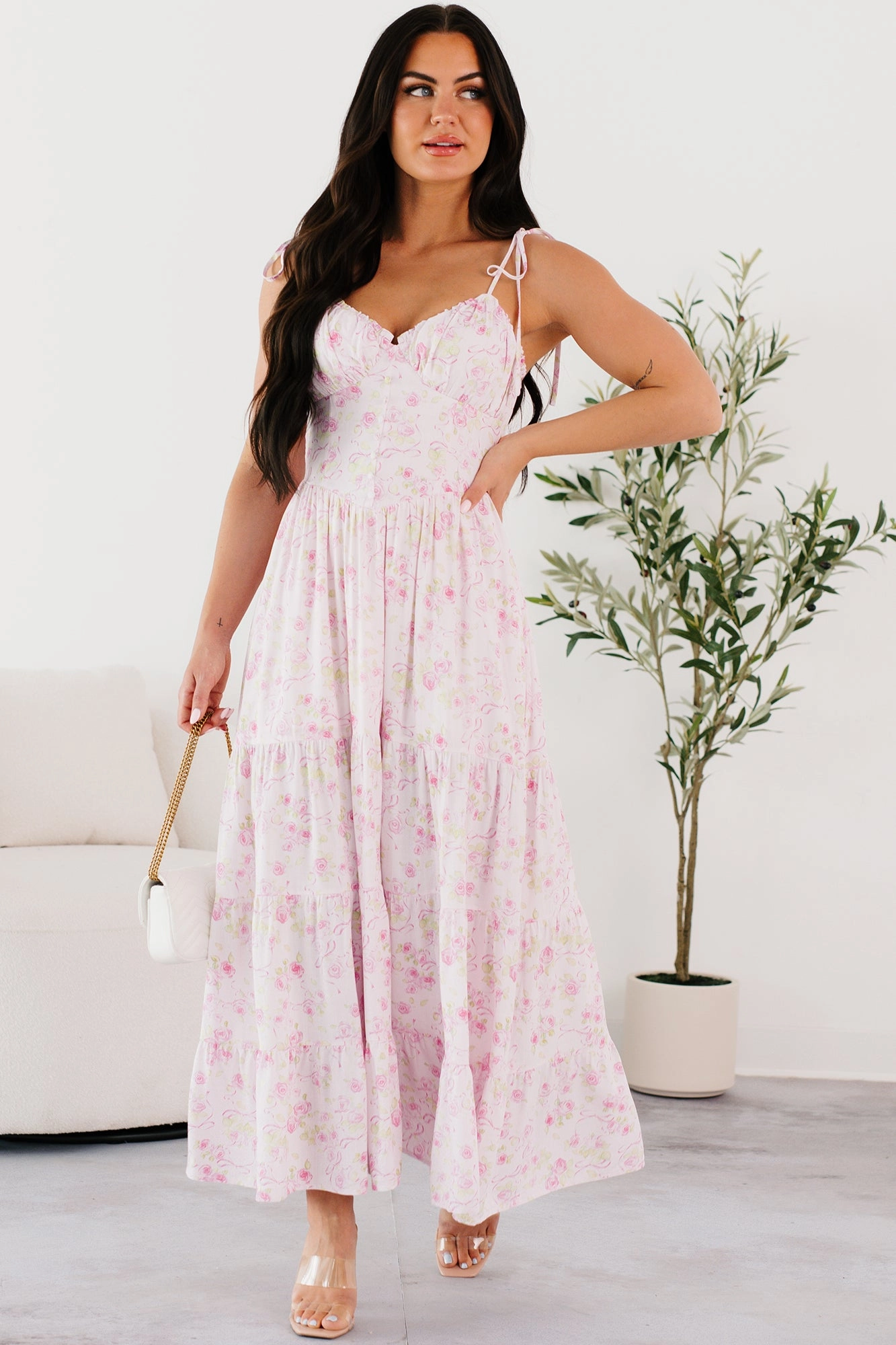 Workwear Comfort Lounge Mood Rosy Days Sleeveless Floral Maxi Dress (Light Pink)