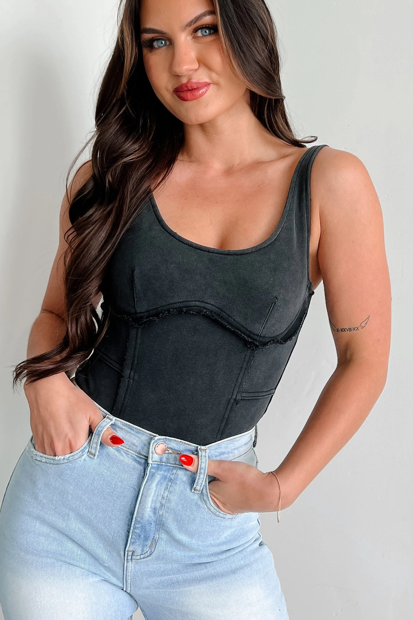 Rough Around The Edges Raw Edge Tank Bodysuit (Black) Daily Casual