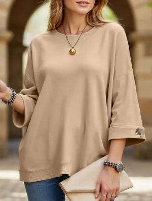 Round neck and mid-sleeve knitted casual top Compression Fit Technology