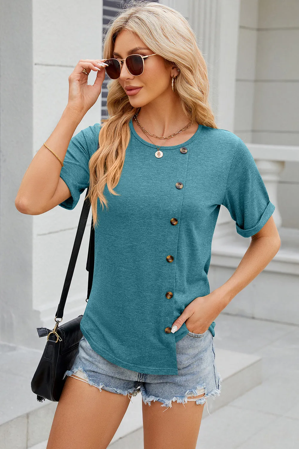 Round Neck Short Sleeve T-Shirt Turquoise