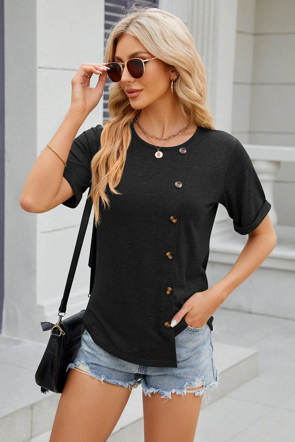 Round Neck Short Sleeve T-Shirt Turquoise