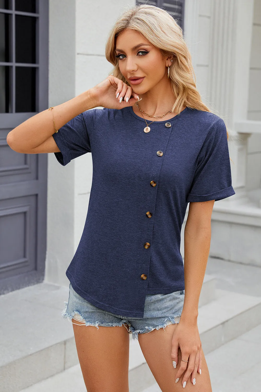Round Neck Short Sleeve T-Shirt Turquoise