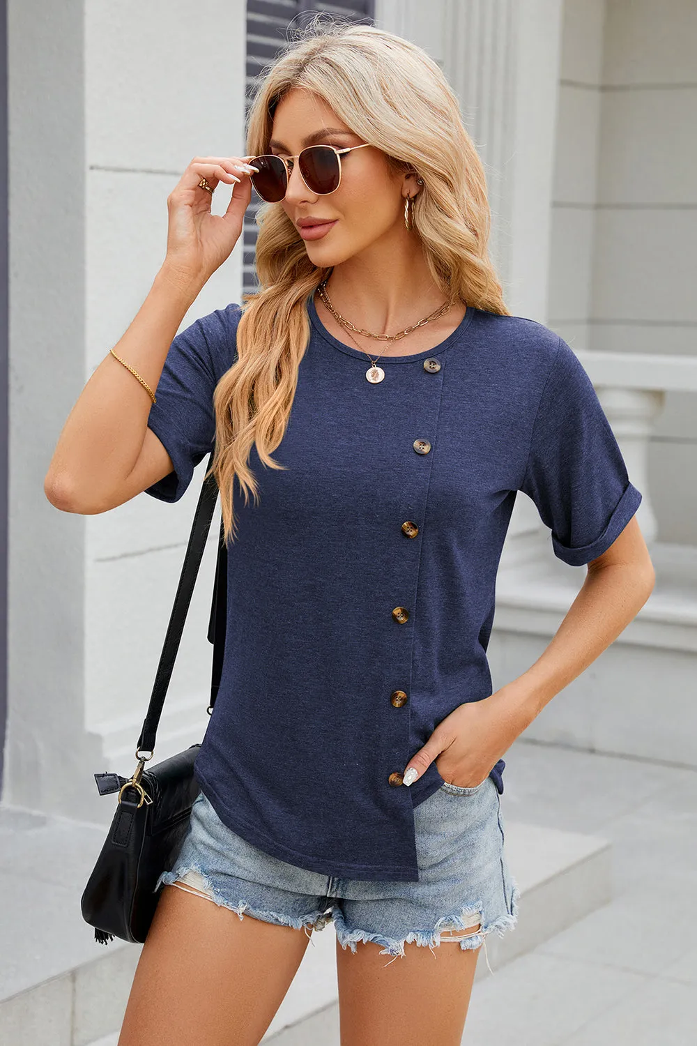 Round Neck Short Sleeve T-Shirt Turquoise