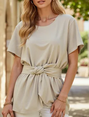 Flatlock Stitching Technique MoistureWicking Round neck short-sleeved T-shirt belted tunic top