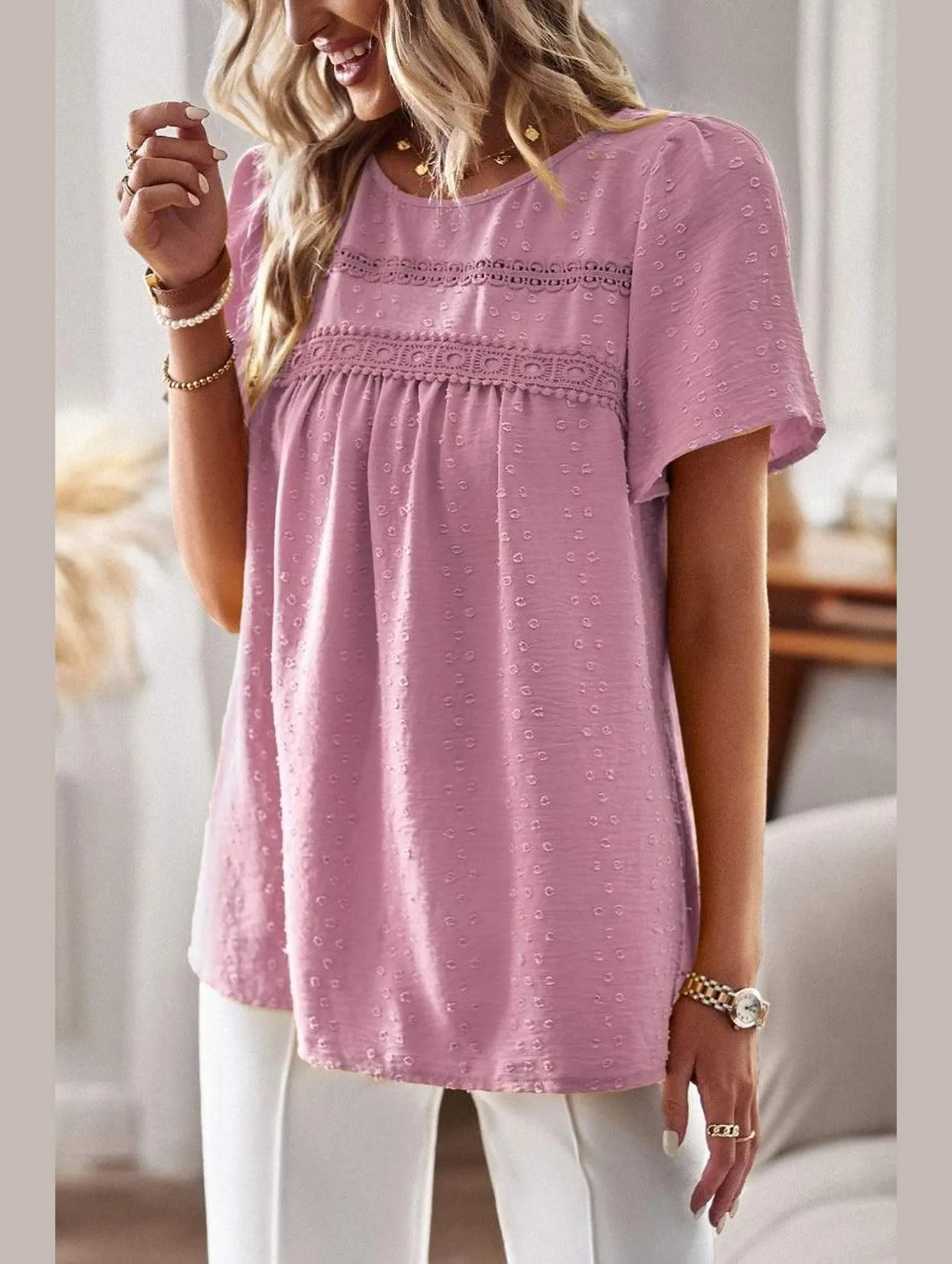 ROUND NECK SPLICED LOOSE BLOUSE OdorResistantFinish
