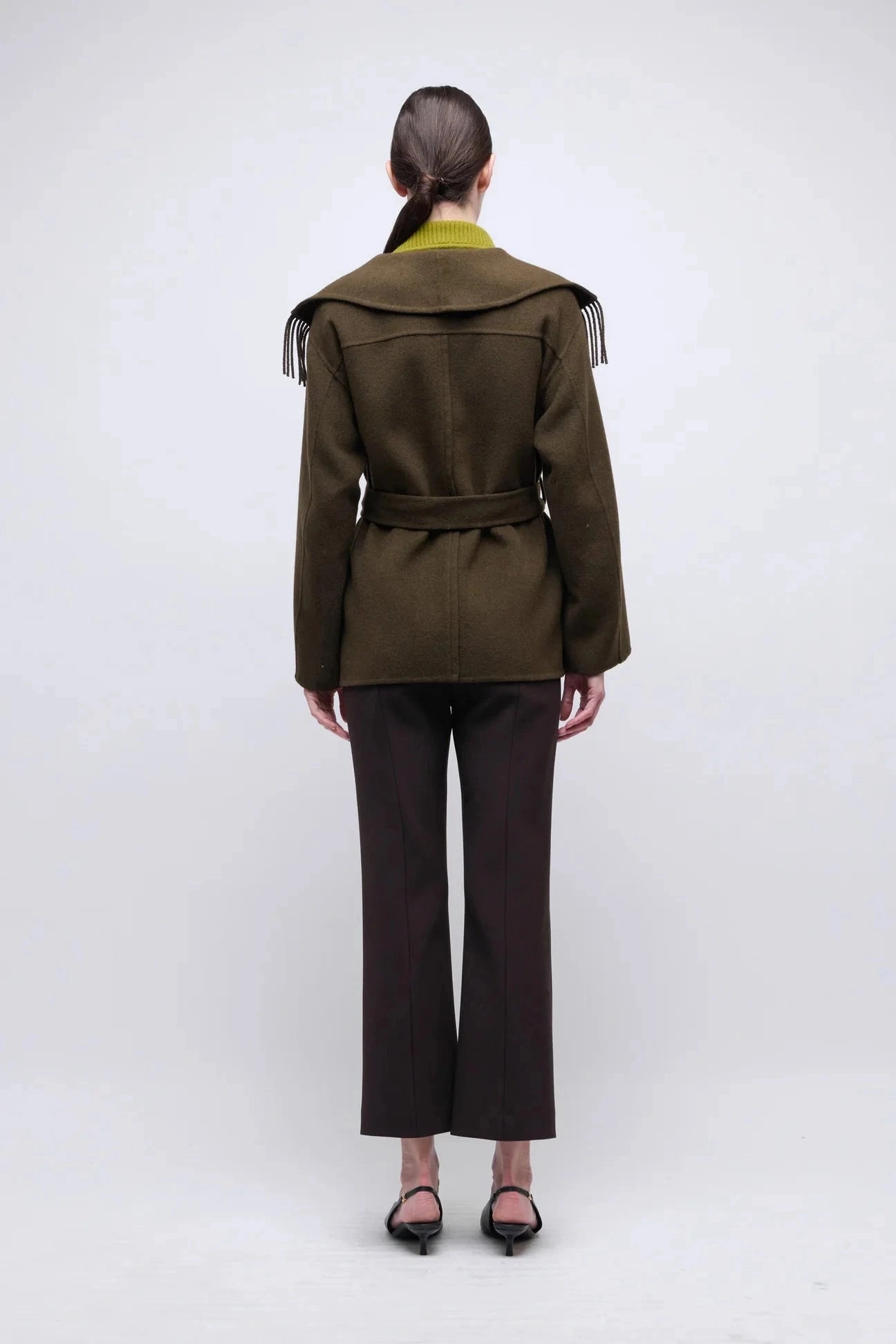 Rowen Fringe Belted Wool-Blend Jacket Alligator ConvertibleCollar