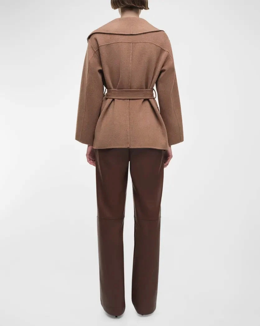 Rowen Fringe Belted Wool-Blend Jacket Camel Flexible Outerwear Secure Zip Pockets