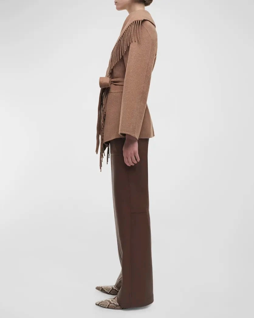 Rowen Fringe Belted Wool-Blend Jacket Camel Hexagonal Quilted Pattern