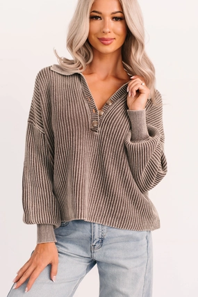Ribbed collar Brushed Interior Graceful Living Washed Knit Zenana Henley Sweater (Mocha)
