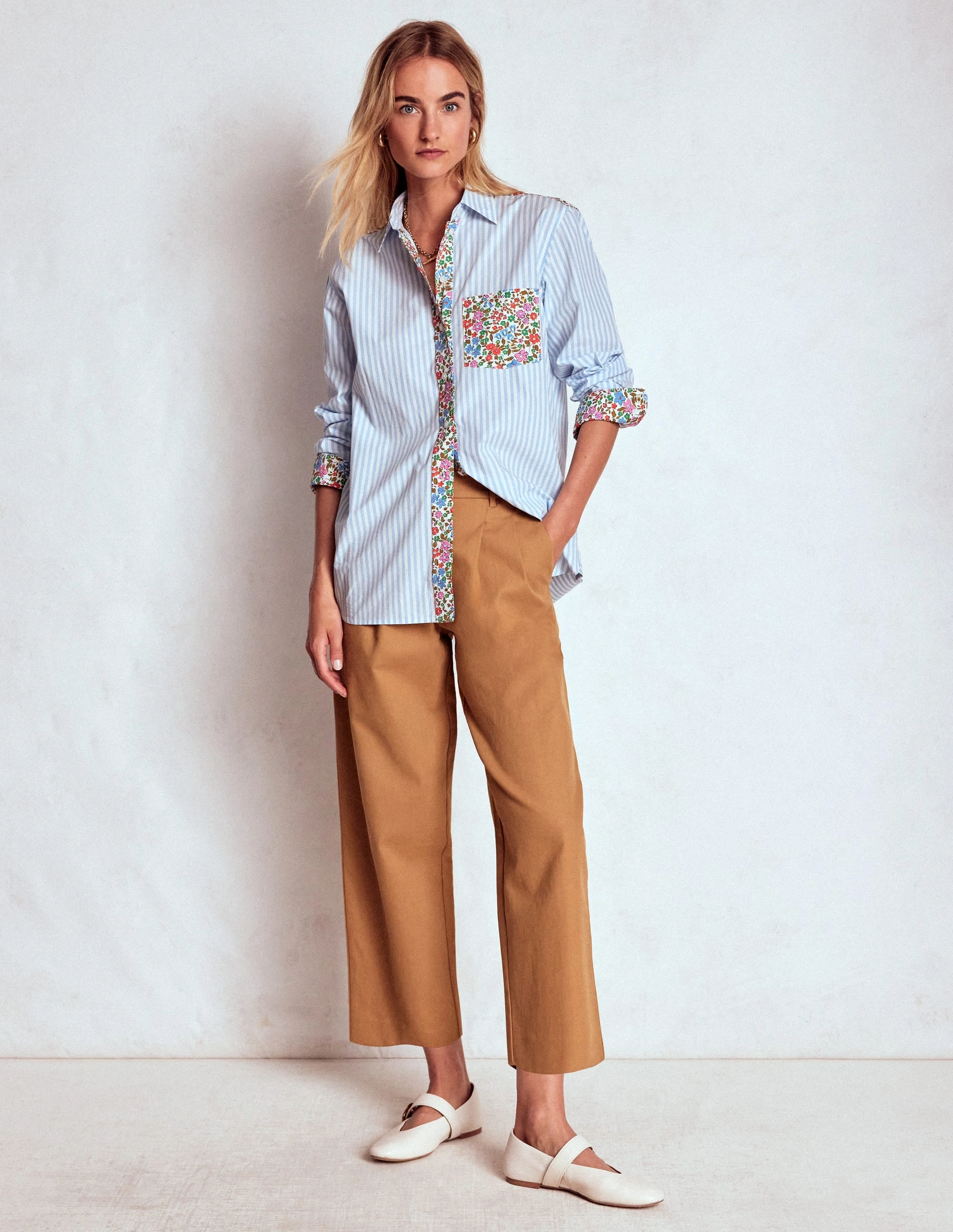 Sadie Relaxed Cotton Shirt-Blue Stripe, Flowerbed Hotch Self Fabric Tie