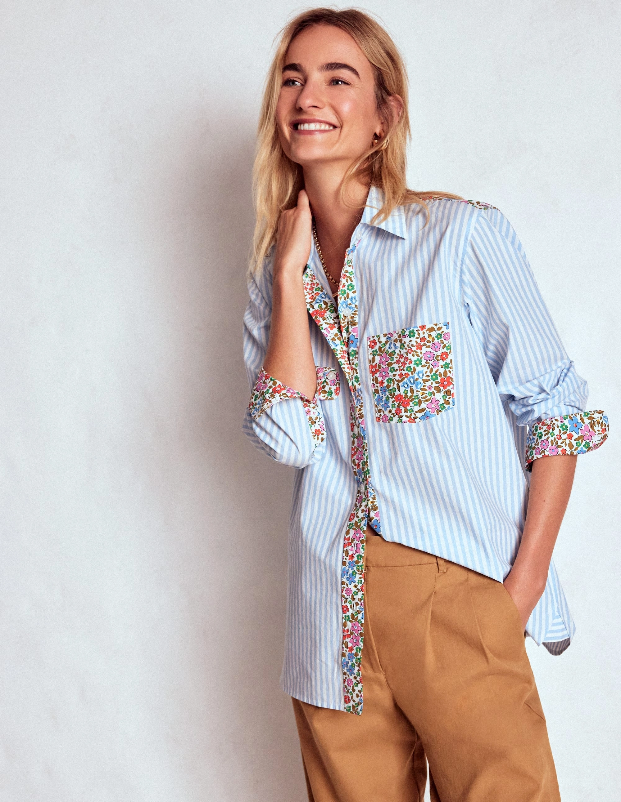 Sadie Relaxed Cotton Shirt-Blue Stripe, Flowerbed Hotch FlexibleRibbing