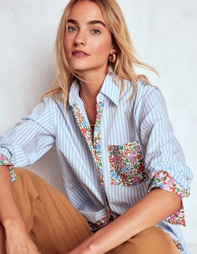 Sadie Relaxed Cotton Shirt-Blue Stripe, Flowerbed Hotch Laser Cut Edges Tagless Design