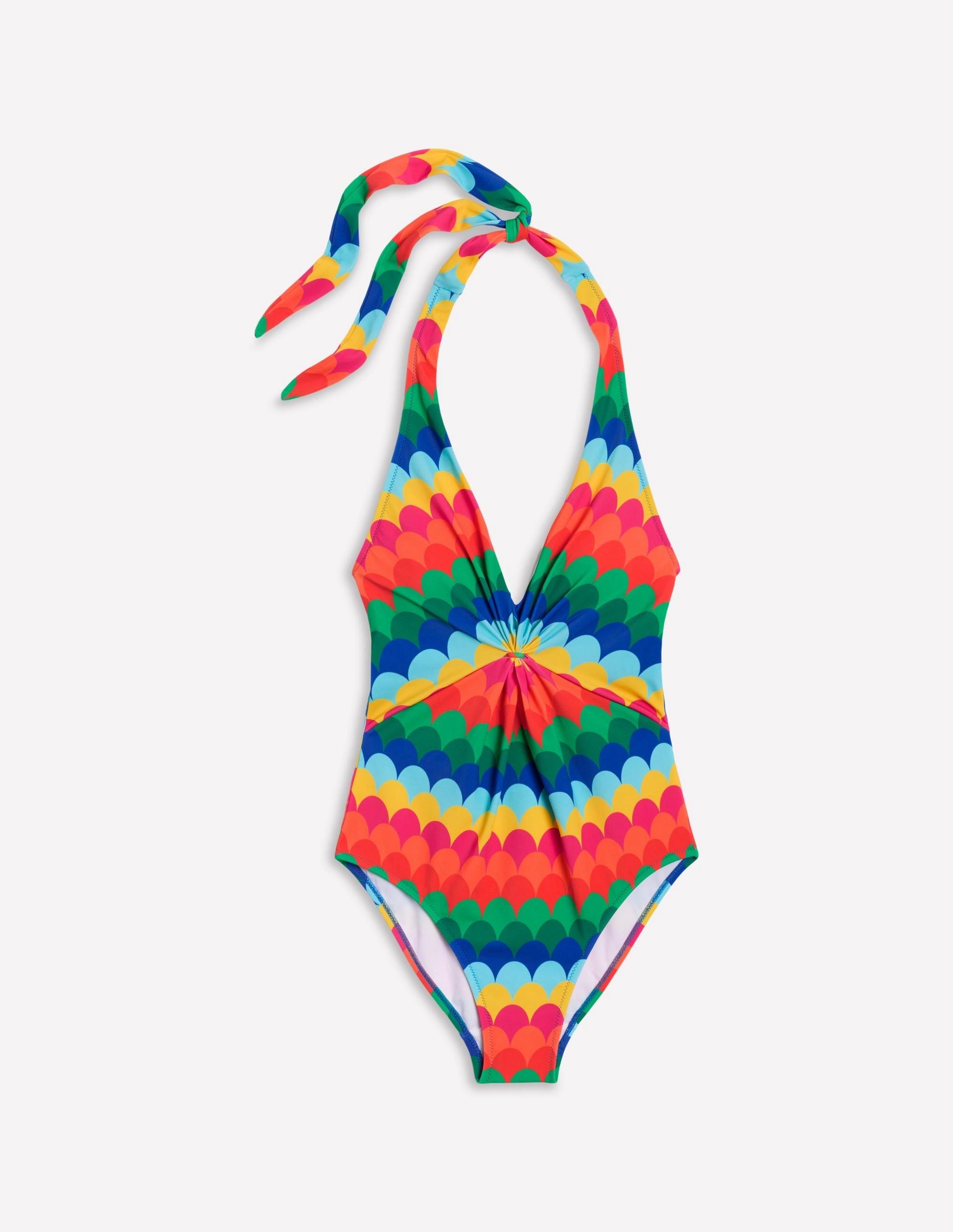 Ruched Loop Swimsuit-Multi, Scallop Stripe Mesh-Panels Snag Proof Edges