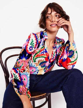 Ruffle Collar Blouse-Ivory, Botanical Paisley BreathableMesh