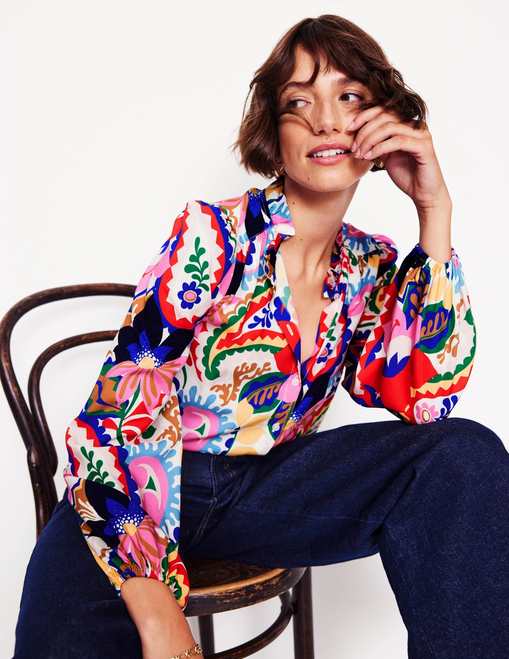 Ruffle Collar Blouse-Ivory, Botanical Paisley BreathableMesh
