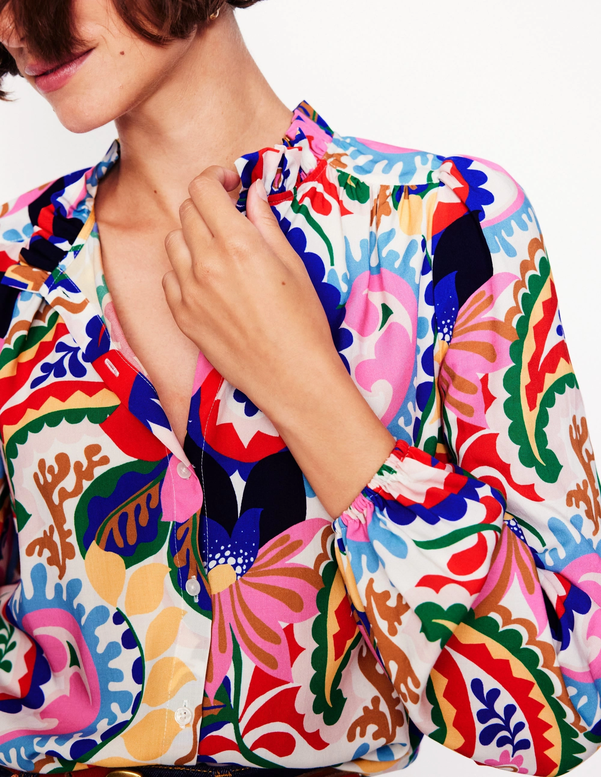 Ruffle Collar Blouse-Ivory, Botanical Paisley Snag Proof Weave
