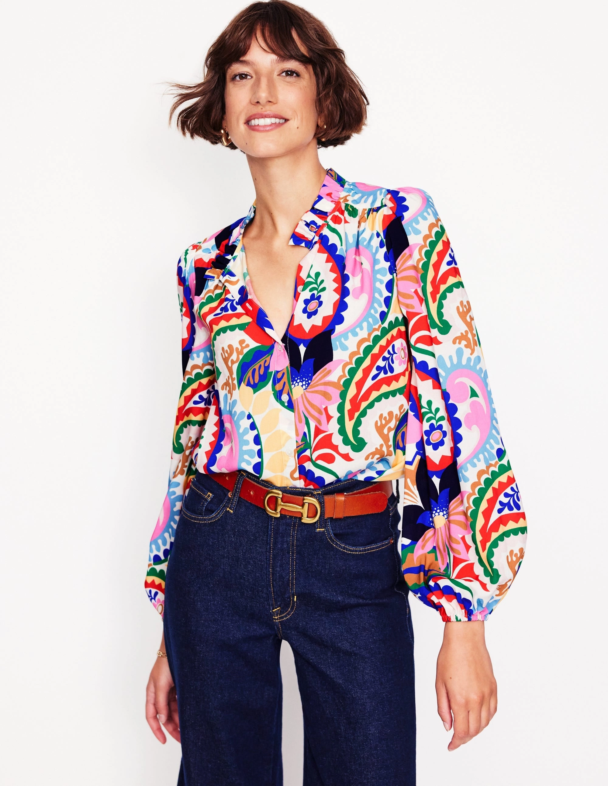 Ruffle Collar Blouse-Ivory, Botanical Paisley Temperature Control Fabric Tactile Soft Texture