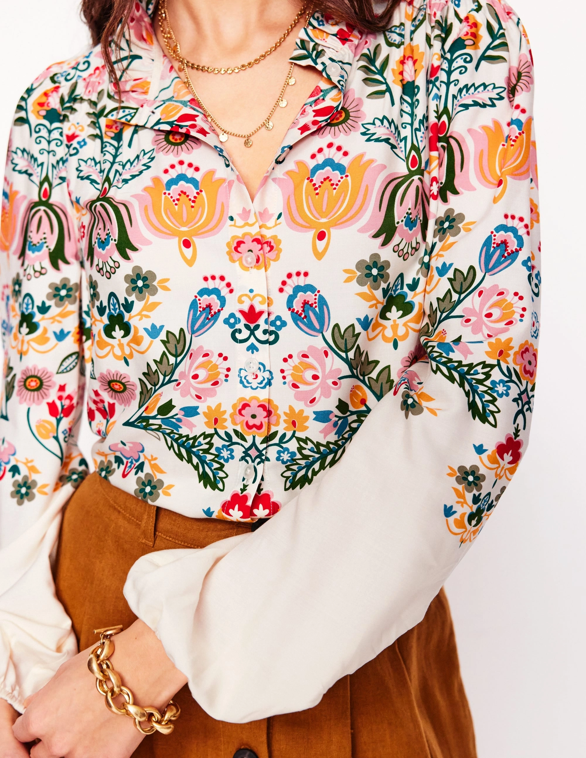 ContrastStitching Ruffle Collar Blouse-Ivory, Tulip Fusion