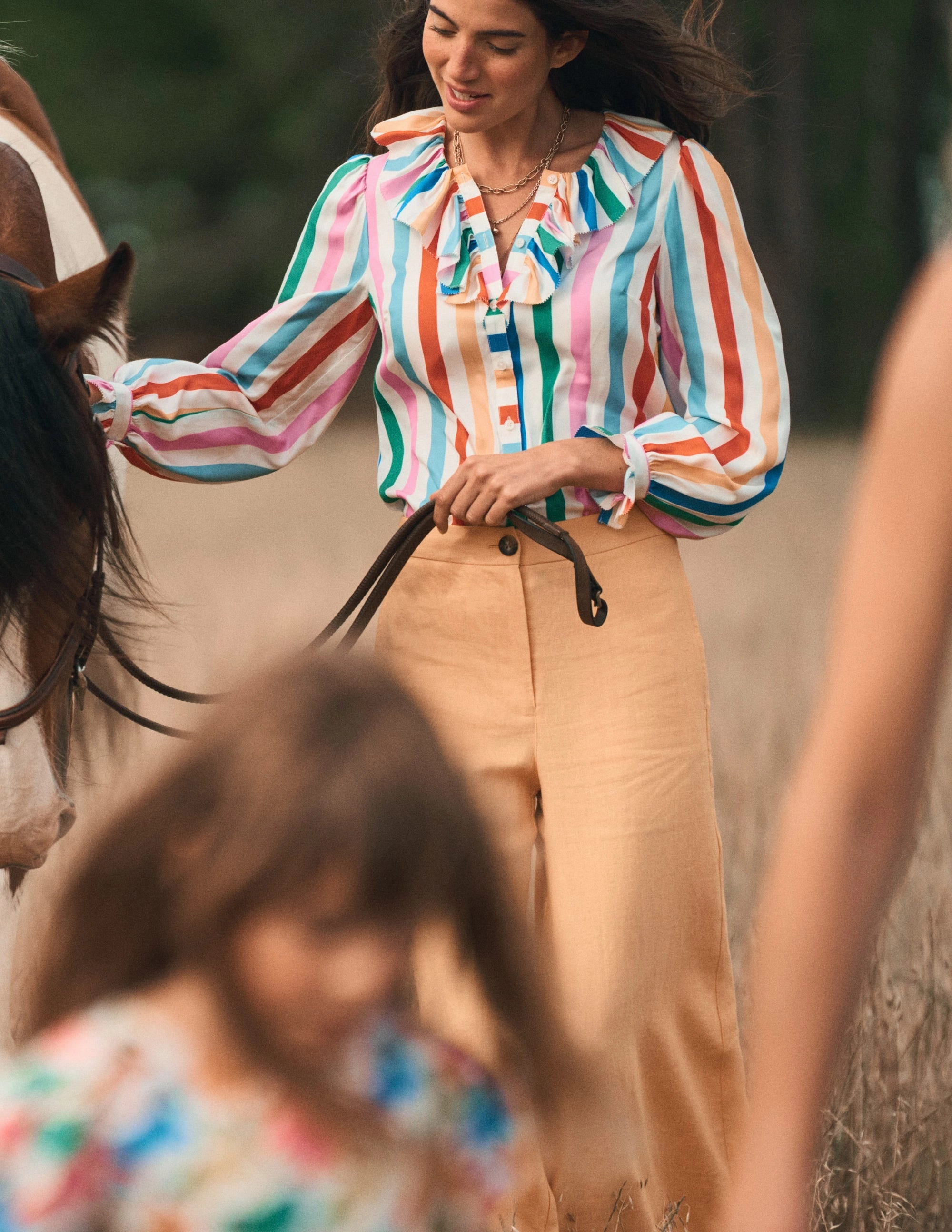 Ruffle Collar Silk Blend Top-Mauve, Strawberry Tart Rainbow Durable Chainstitch WaterResistant