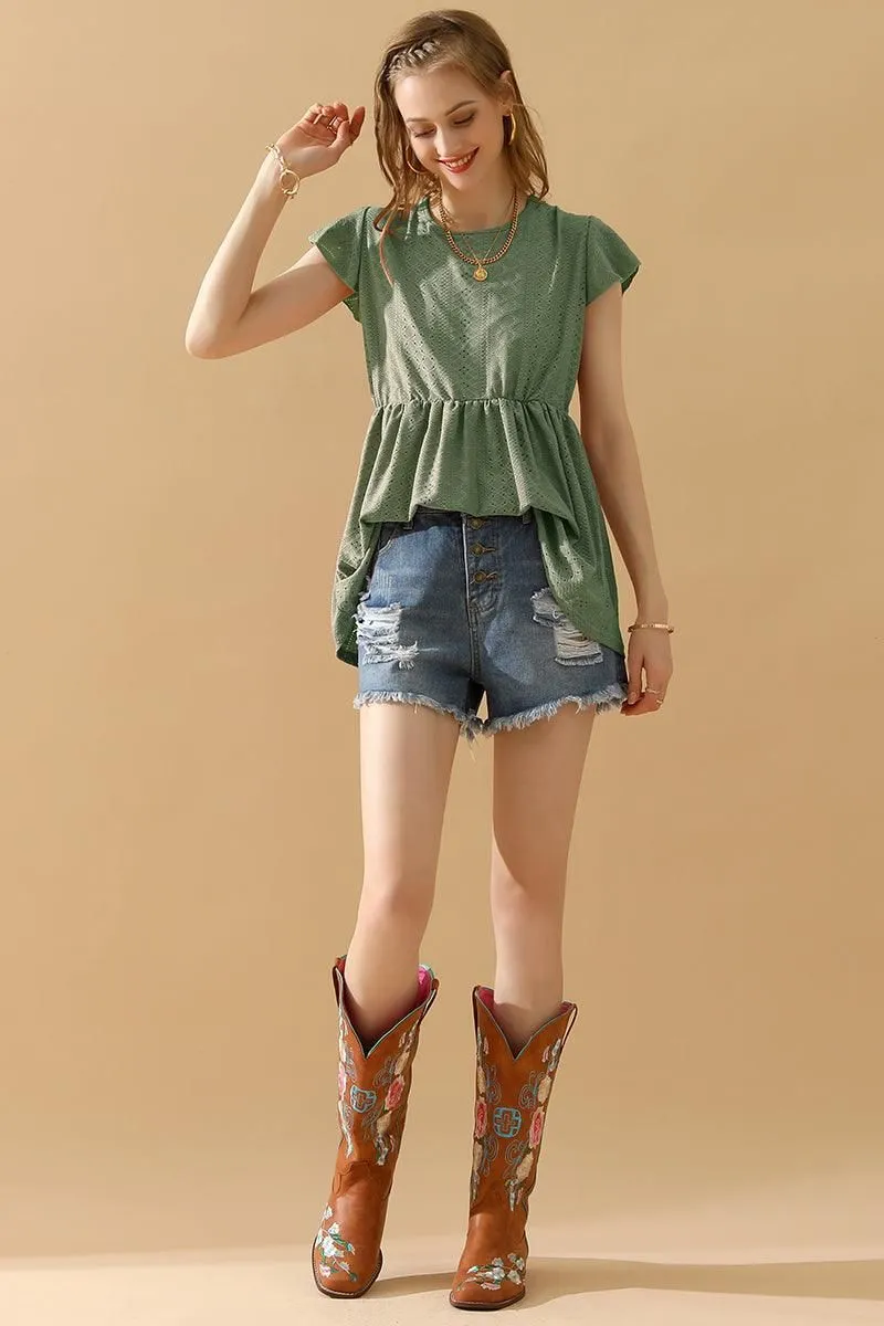 Drop Shoulder Cut RUFFLED ELASTIC WAIST PUNCHING LACE TEE