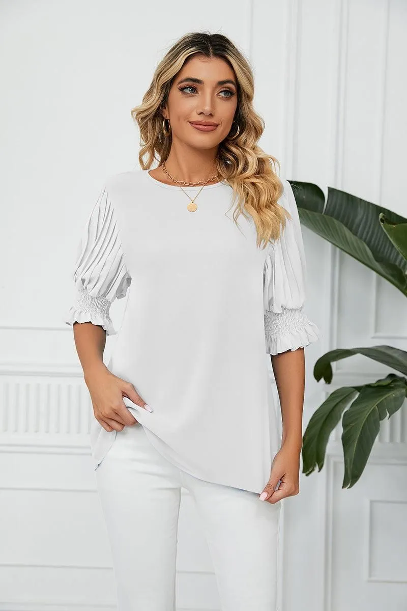 Anti Pilling Fabric Cozy Wear RUFFLED PUFF SHORT SLEEVE LOOSE CHIFFON BLOUSE
