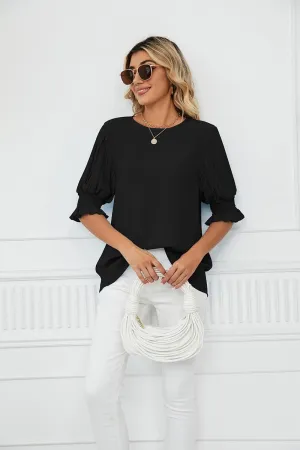 LowMaintenanceFabric RUFFLED PUFF SHORT SLEEVE LOOSE CHIFFON BLOUSE