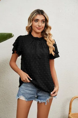 QuickDryConstruction wrinkle free finish RUFFLED ROUND NECK JACQUARD WEAVE CHIFFON BLOUSE