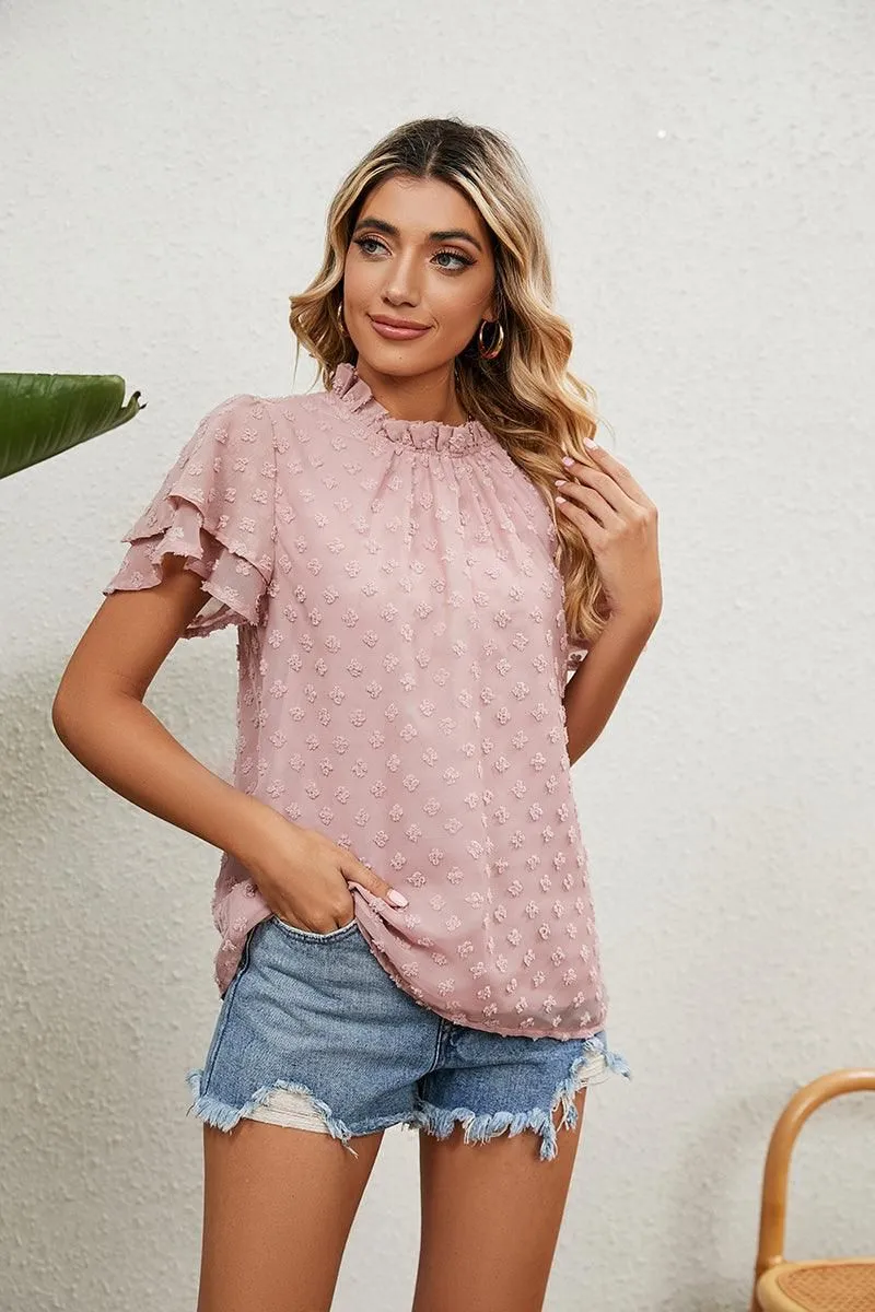RUFFLED ROUND NECK JACQUARD WEAVE CHIFFON BLOUSE Sport Top