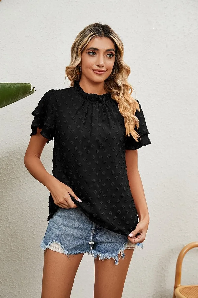 RUFFLED ROUND NECK JACQUARD WEAVE CHIFFON BLOUSE Non Restrictive Cut AntiPill Finish