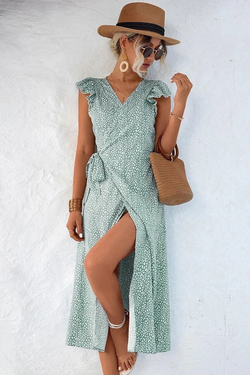 Sheer Overlay Balanced Tone RUFFLED SHORT SLEEVE V NECK TIED WAIST WOMEN DRESS