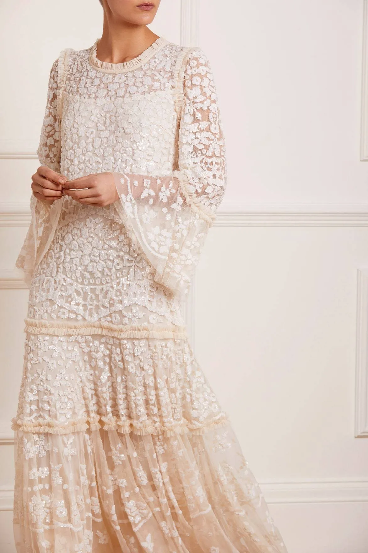 Natural Silhouette Annie Sequin Tiered Ankle Gown
