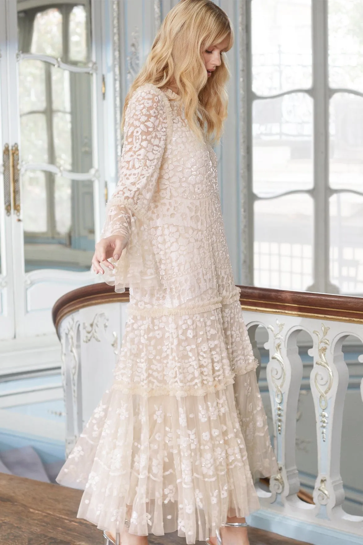 Annie Sequin Tiered Ankle Gown Natural Wrap