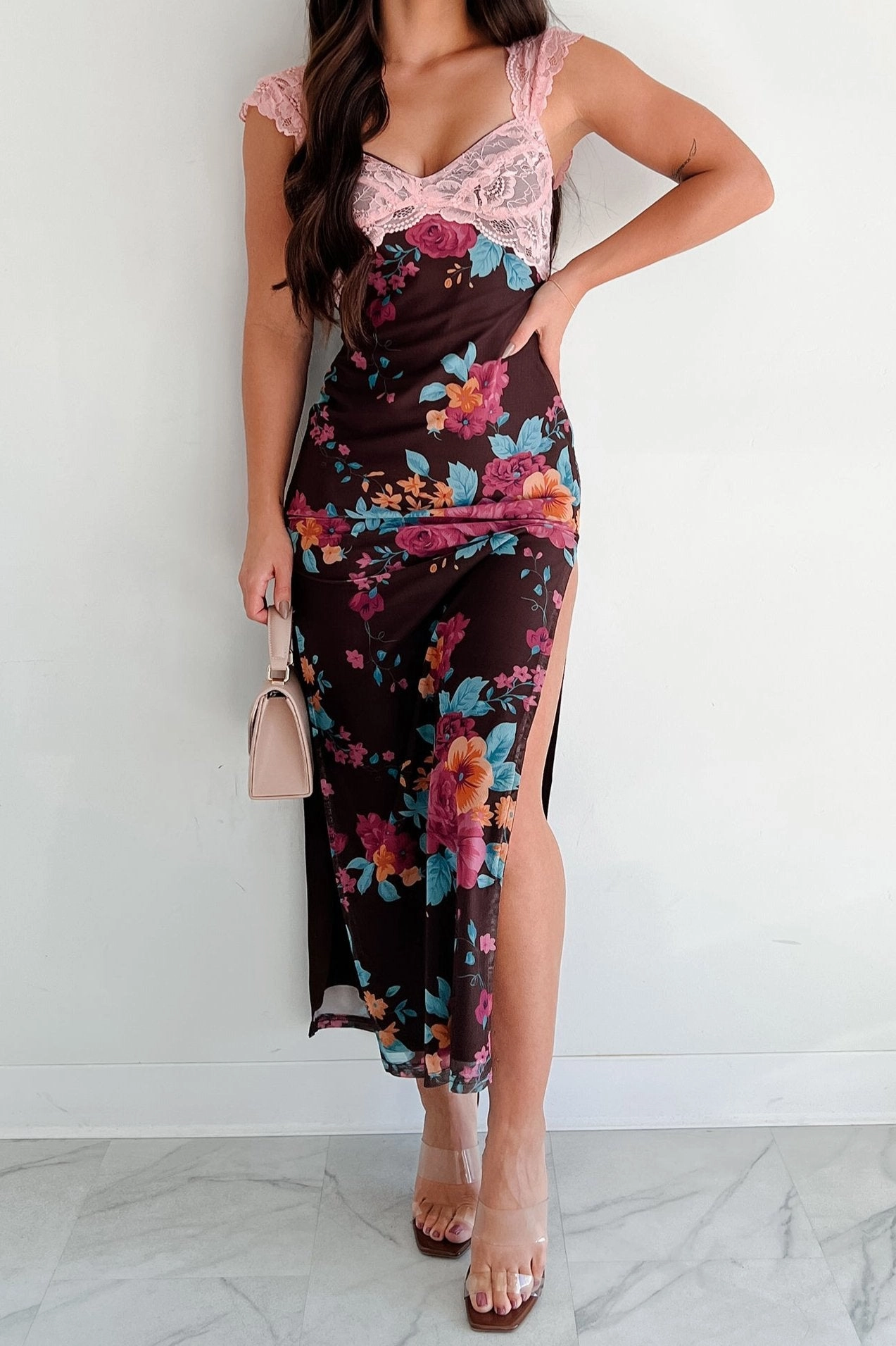 Saccharine Sweet Lace Detail Floral Mesh Maxi Dress (Mauve/Brown) StainRepellentCoating Stretch Fit Top