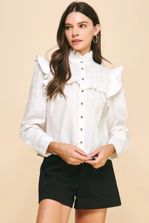 Durable Reinforced Shoulders CroppedLength Sadie Poplin Ruffle Button Down Top