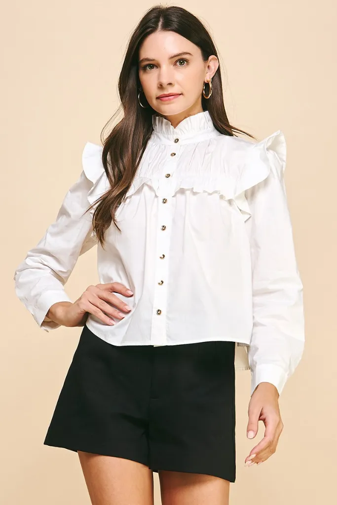 RibbedNeckline Sadie Poplin Ruffle Button Down Top