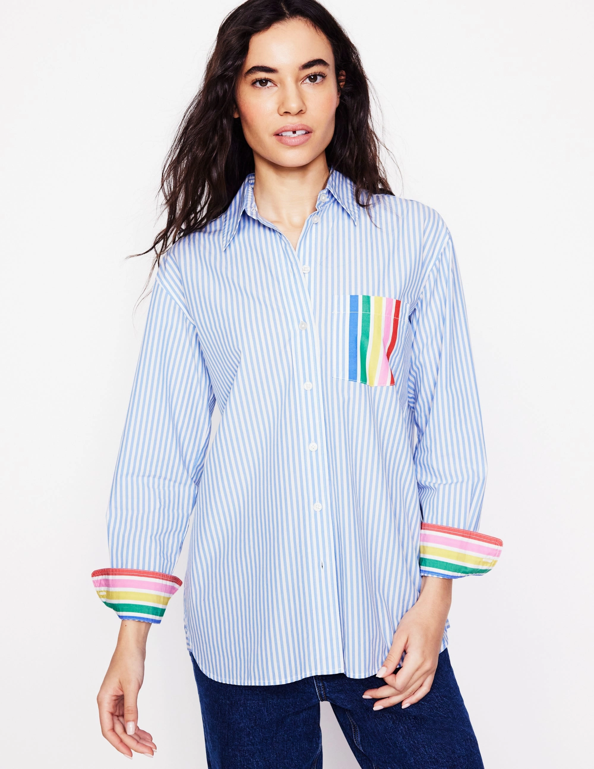 Sadie Relaxed Cotton Shirt-Rainbow Stripe Placement Flexible Knit Blend