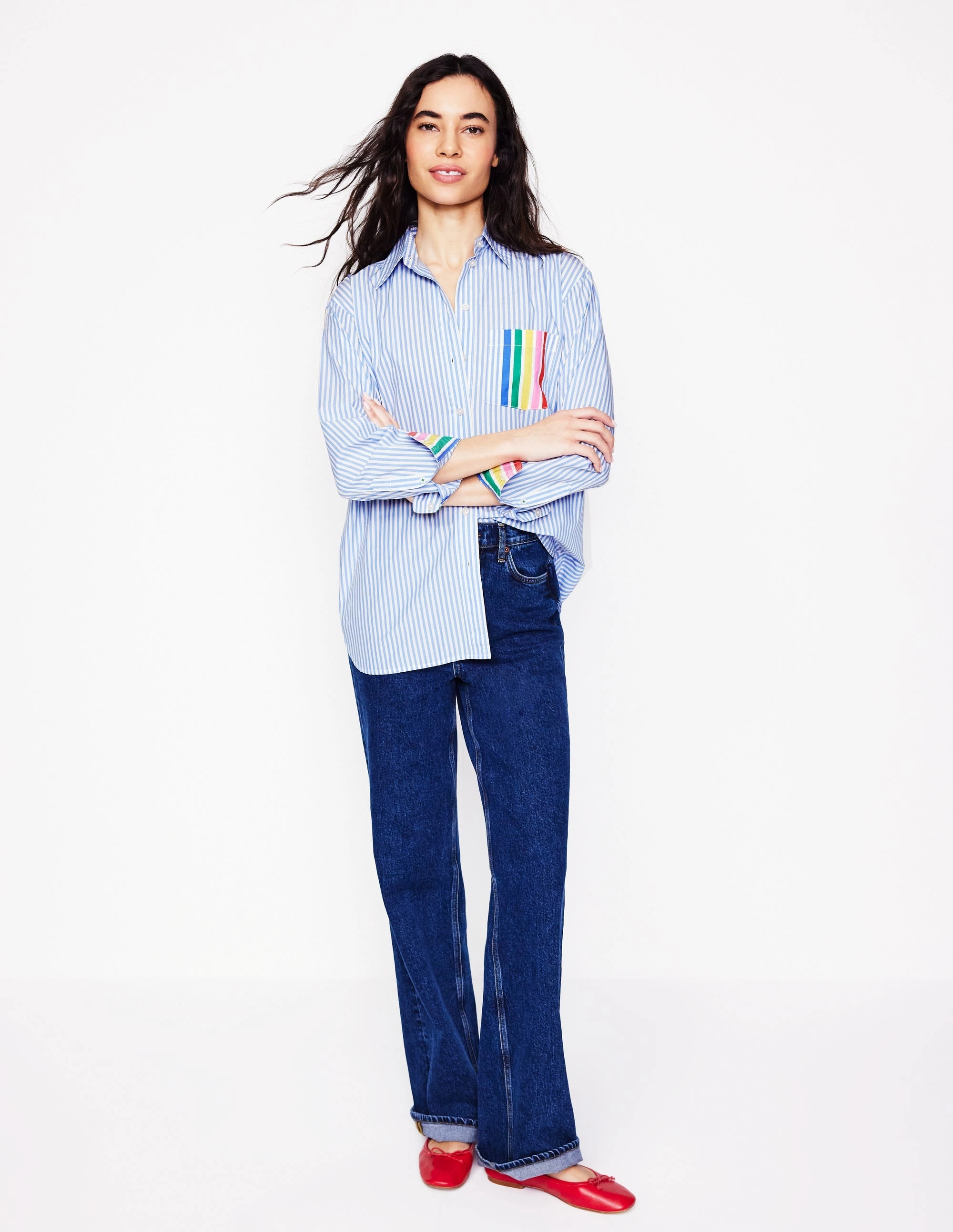 Versatile Layering Cut Reflective Logo Detail Sadie Relaxed Cotton Shirt-Rainbow Stripe Placement