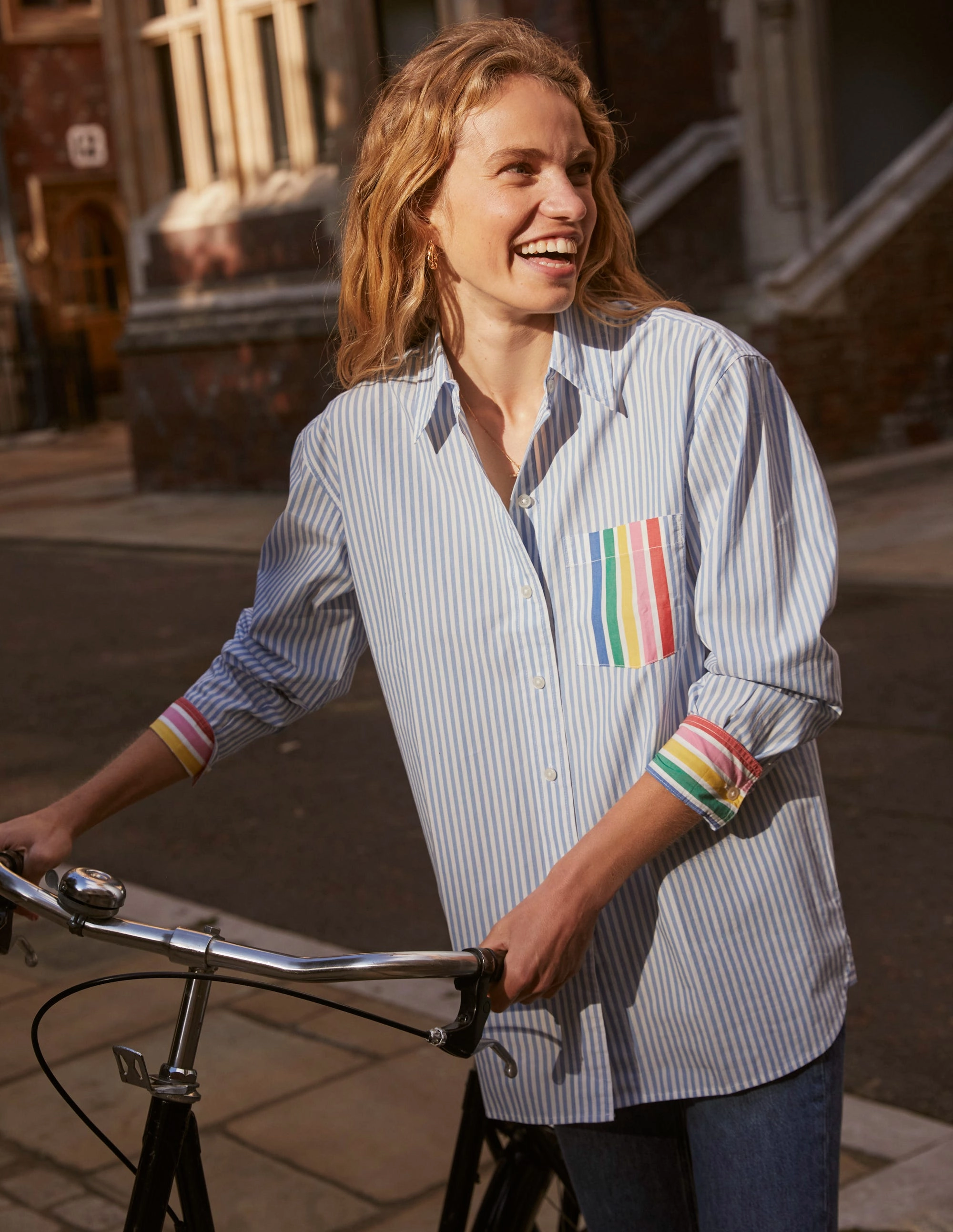 Sadie Relaxed Cotton Shirt-Rainbow Stripe Placement Thermal Regulation System Soft Pullover