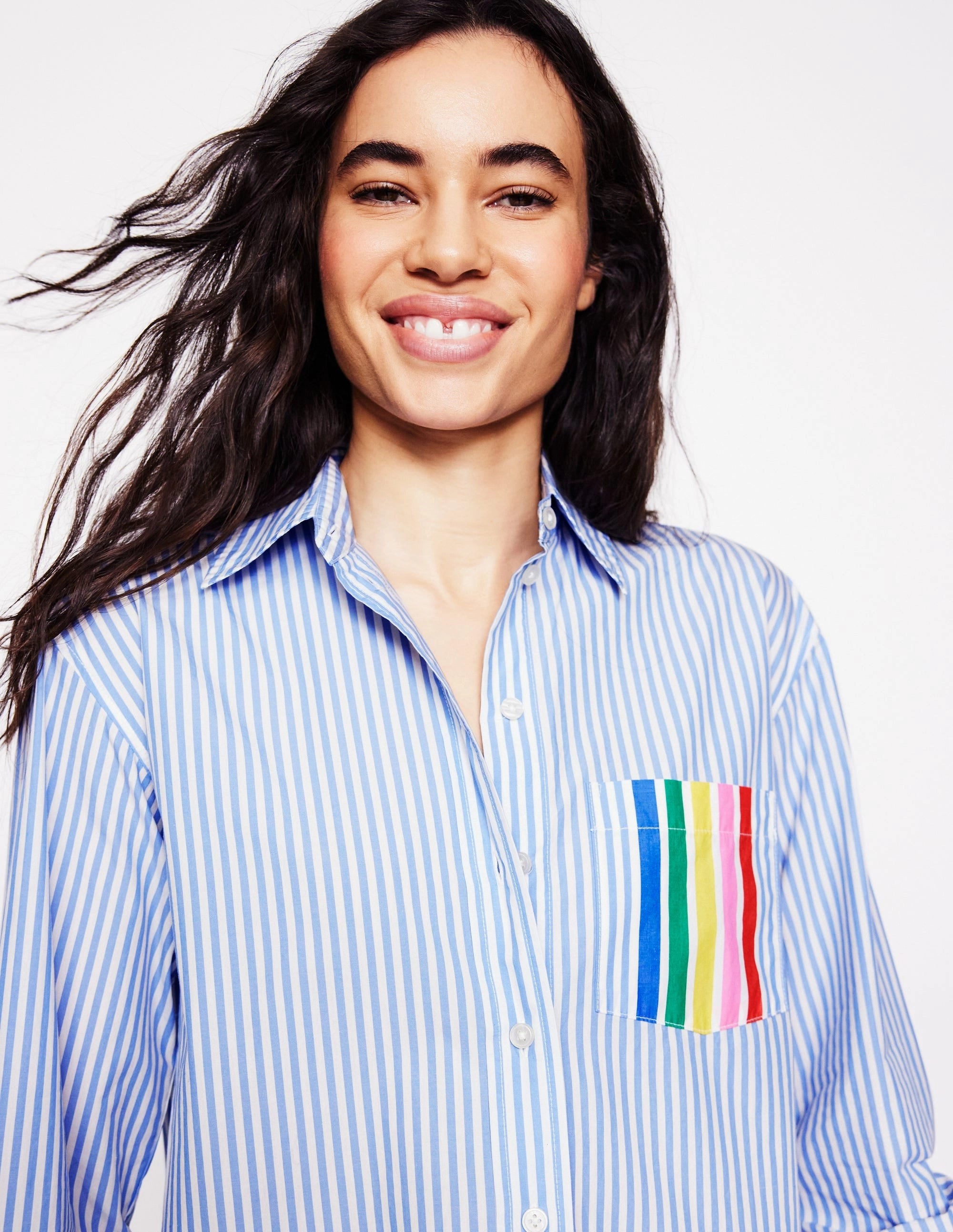 Sadie Relaxed Cotton Shirt-Rainbow Stripe Placement Ventilation Panel Contrast Stitching