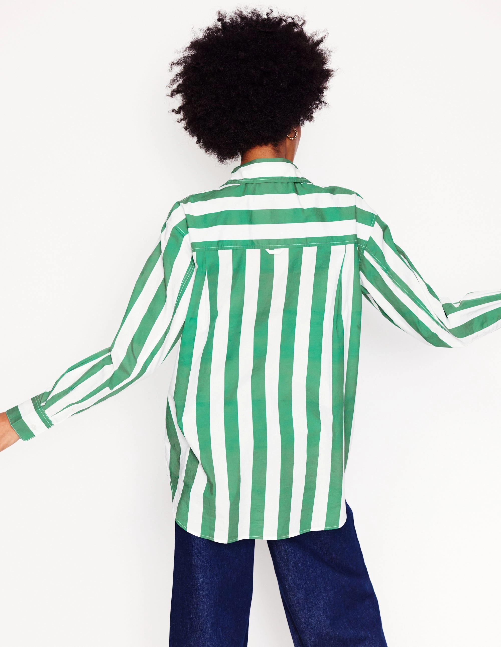 Flexible Knit Fabric All Purpose Casual Cut Sadie Relaxed Cotton Shirt-Rich Emerald Wide Stripe