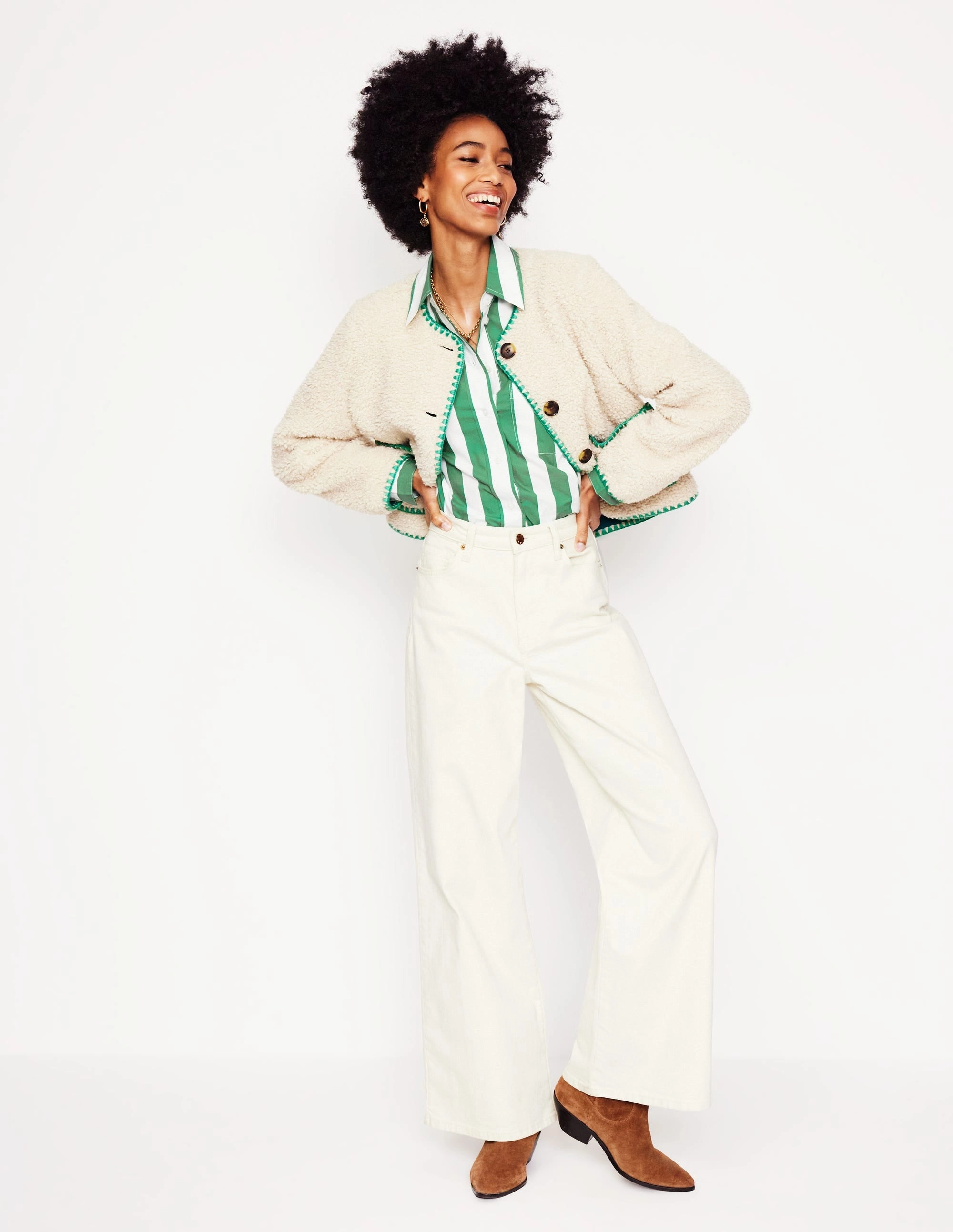AntiStatic Weave StretchFabric Sadie Relaxed Cotton Shirt-Rich Emerald Wide Stripe