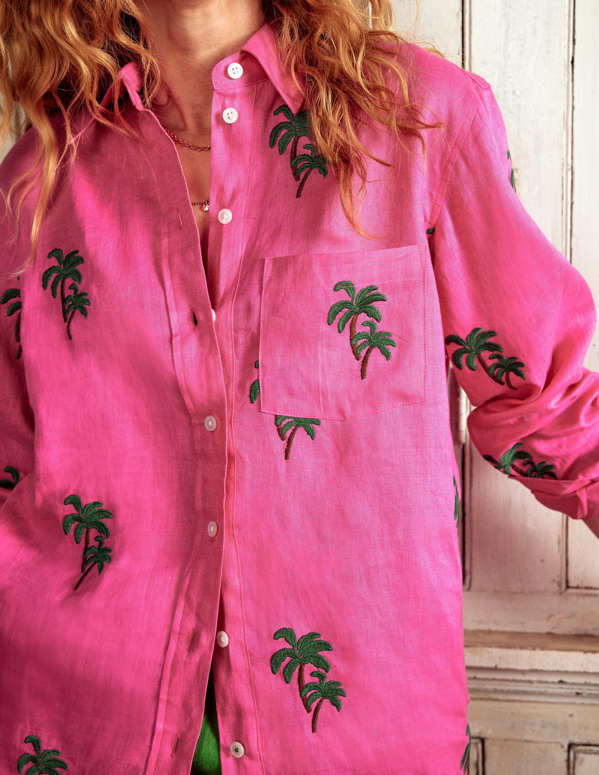 Sadie Relaxed Linen Shirt-Sorbet Pink, Palm Tree Compact TravelFriendly Design
