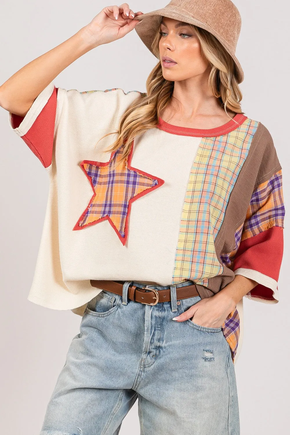 SAGE   FIG Plaid Color Block Star Patch Oversized Top