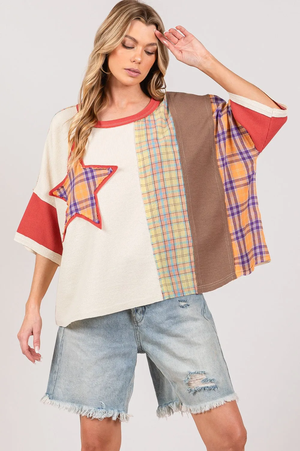 SAGE   FIG Plaid Color Block Star Patch Oversized Top