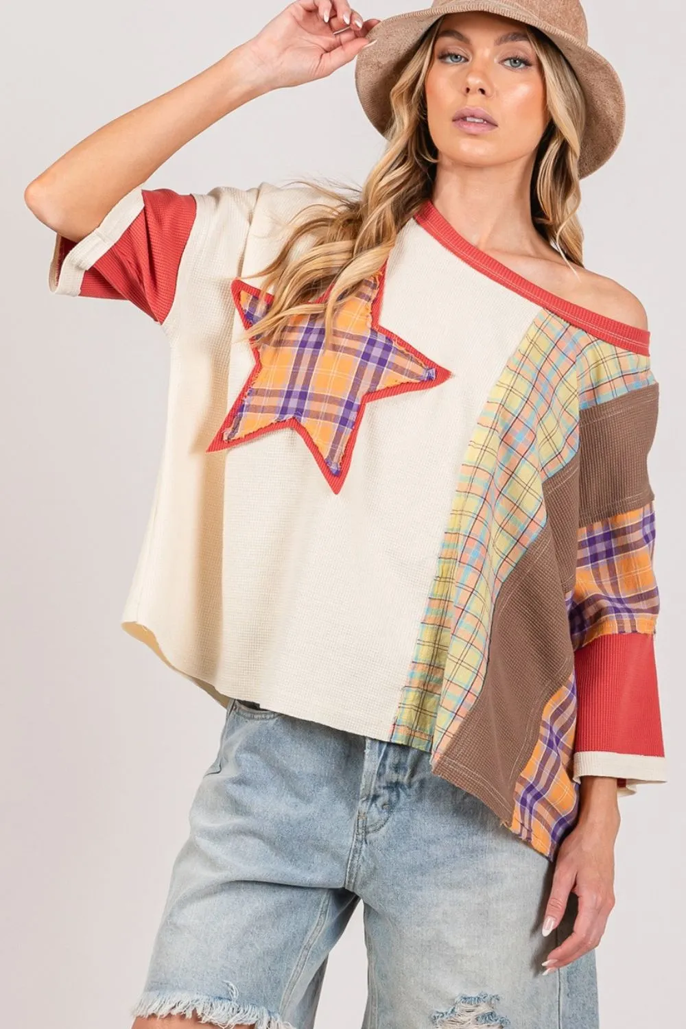 SAGE   FIG Plaid Color Block Star Patch Oversized Top
