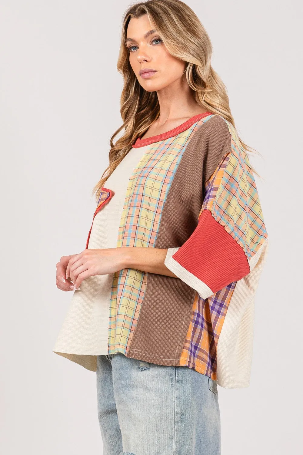 SAGE   FIG Plaid Color Block Star Patch Oversized Top